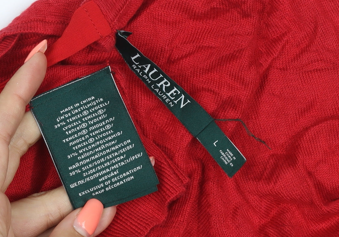 Lauren Ralph Lauren Women Red L Silk Blend Tie Neck Knit Blouse