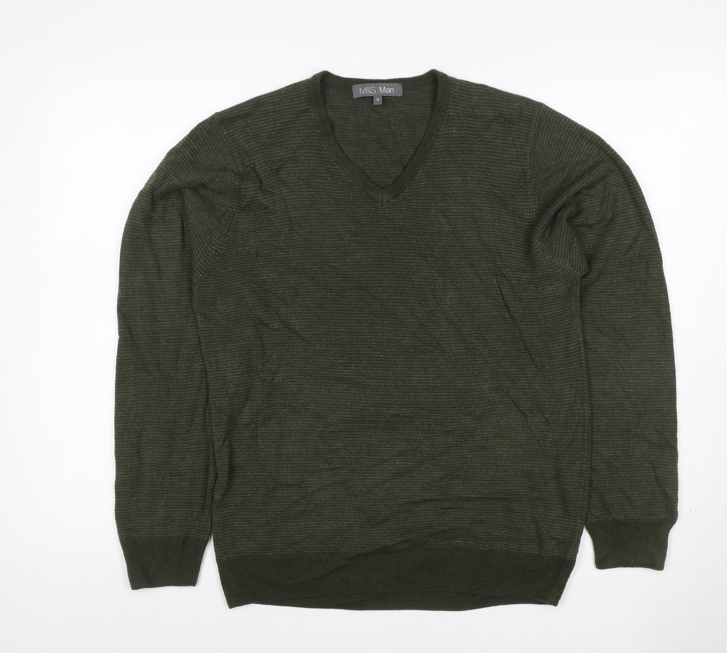 Marks and Spencer Men Green M V-Neck Acrylic Knit Pullover Jumper