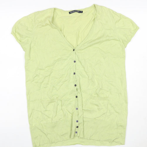WoolOvers Women Green M Cotton V-Neck Short Sleeve Cardigan Pockets