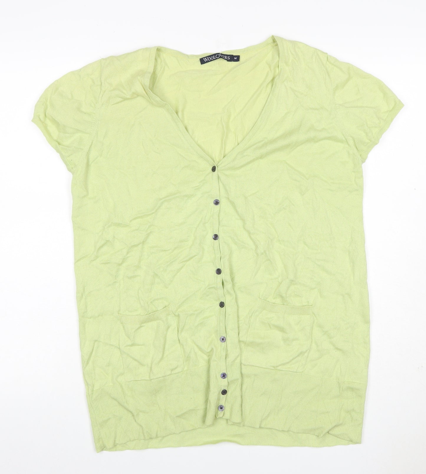 WoolOvers Women Green M Cotton V-Neck Short Sleeve Cardigan Pockets