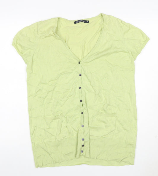 WoolOvers Women Green M Cotton V-Neck Short Sleeve Cardigan Pockets