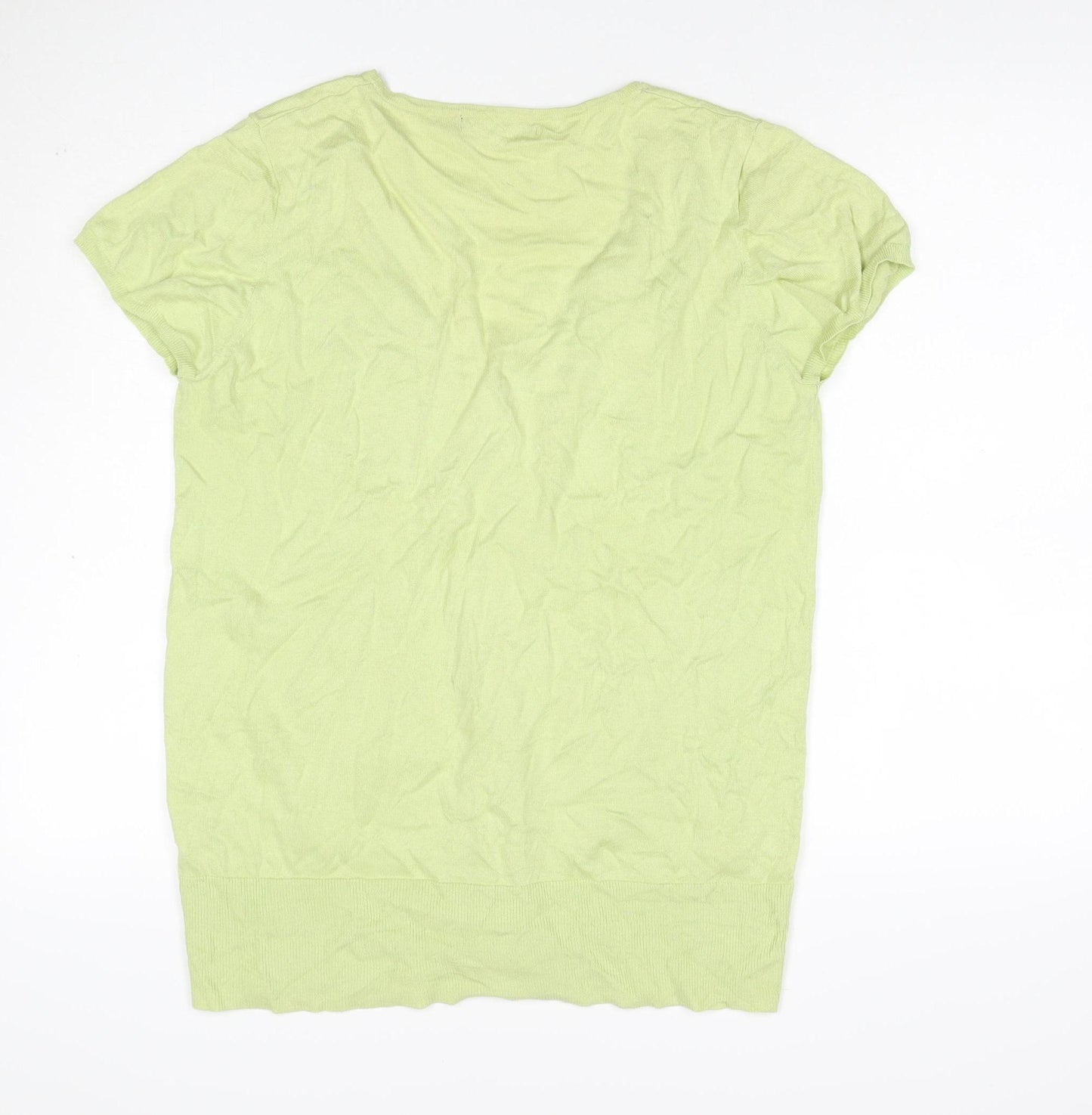 WoolOvers Women Green M Cotton V-Neck Short Sleeve Cardigan Pockets