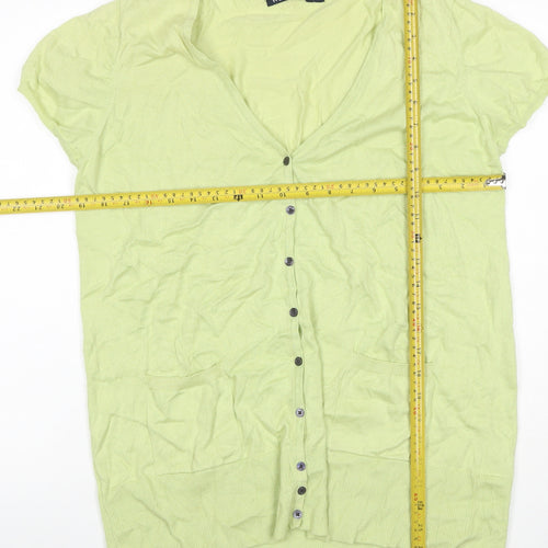 WoolOvers Women Green M Cotton V-Neck Short Sleeve Cardigan Pockets