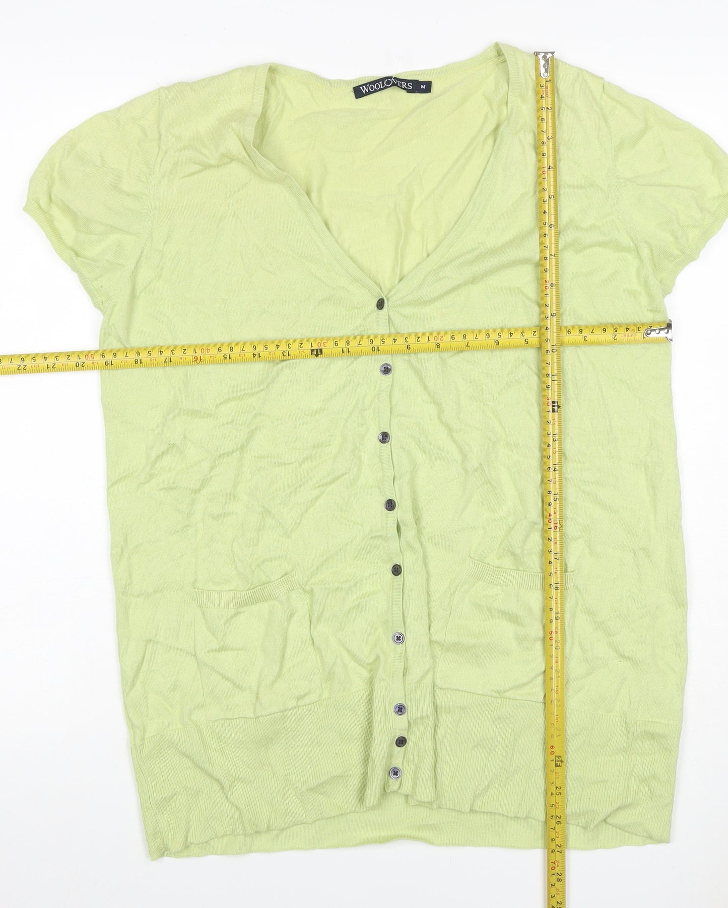 WoolOvers Women Green M Cotton V-Neck Short Sleeve Cardigan Pockets