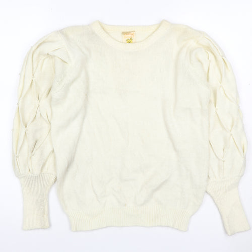 Clock House Women Ivory UK 10 Beaded Puff Sleeve Crew Neck Jumper