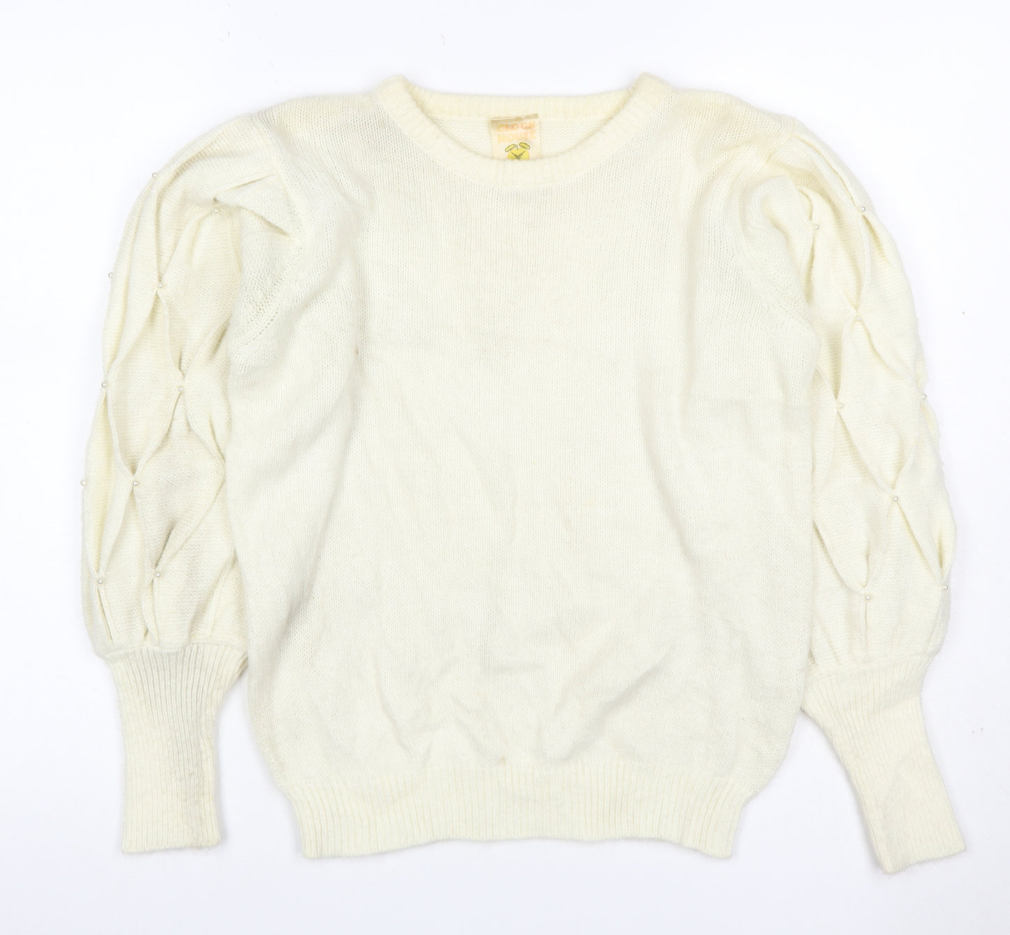 Clock House Women Ivory UK 10 Beaded Puff Sleeve Crew Neck Jumper