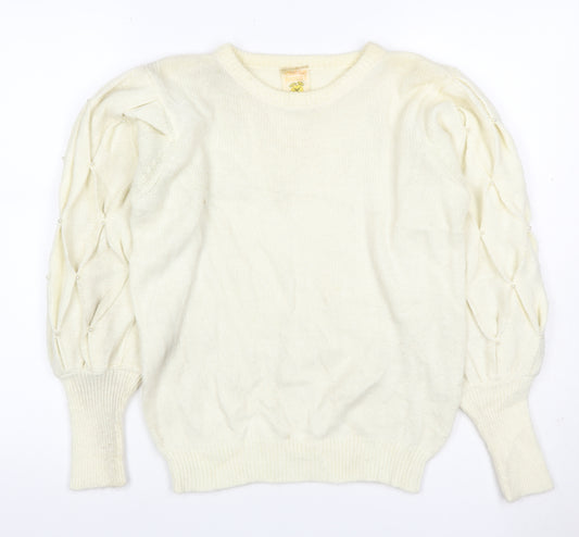 Clock House Women Ivory UK 10 Beaded Puff Sleeve Crew Neck Jumper