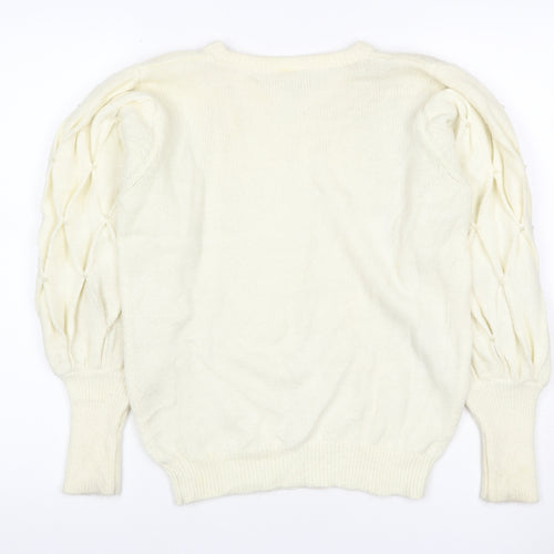 Clock House Women Ivory UK 10 Beaded Puff Sleeve Crew Neck Jumper