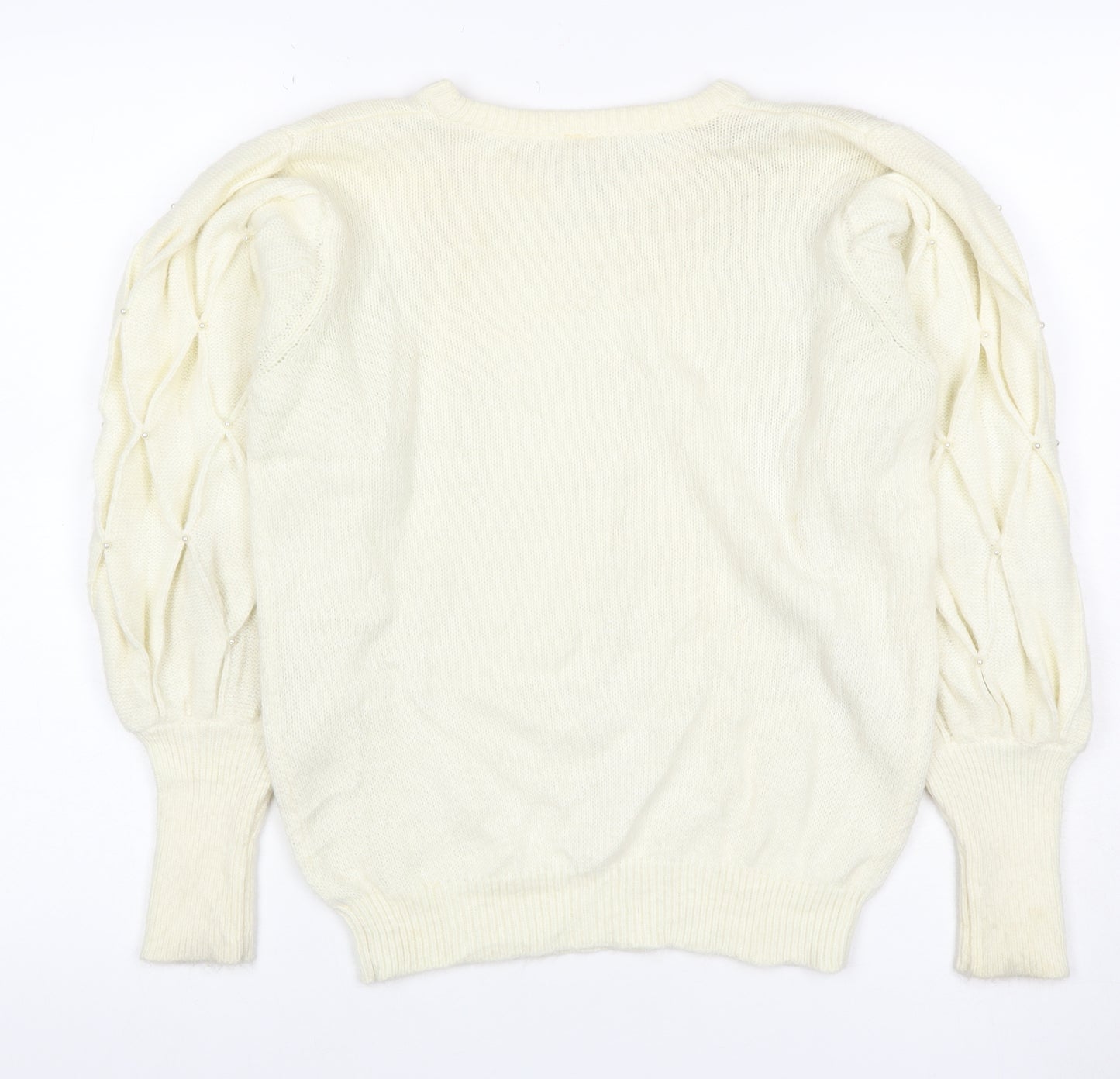 Clock House Women Ivory UK 10 Beaded Puff Sleeve Crew Neck Jumper
