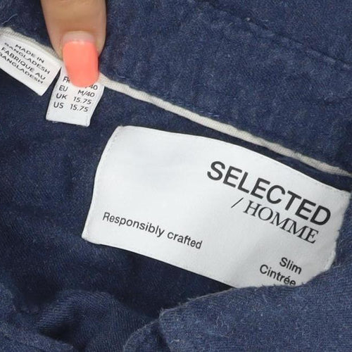 Selected Homme Men’s Blue 16 Slim Cotton Button-Down Long Sleeve Shirt