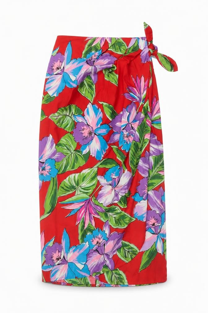 Kama'aina Women Red Floral Tropical Cotton Wrap Long Skirt Size M