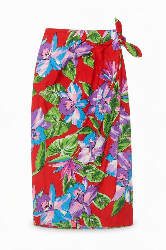 Kama'aina Women Red Floral Tropical Cotton Wrap Long Skirt Size M