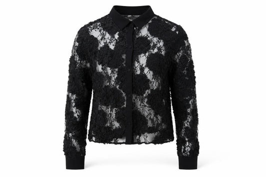 Zara Women Black S Cropped Floral Lace Sheer Button-Up Shirt