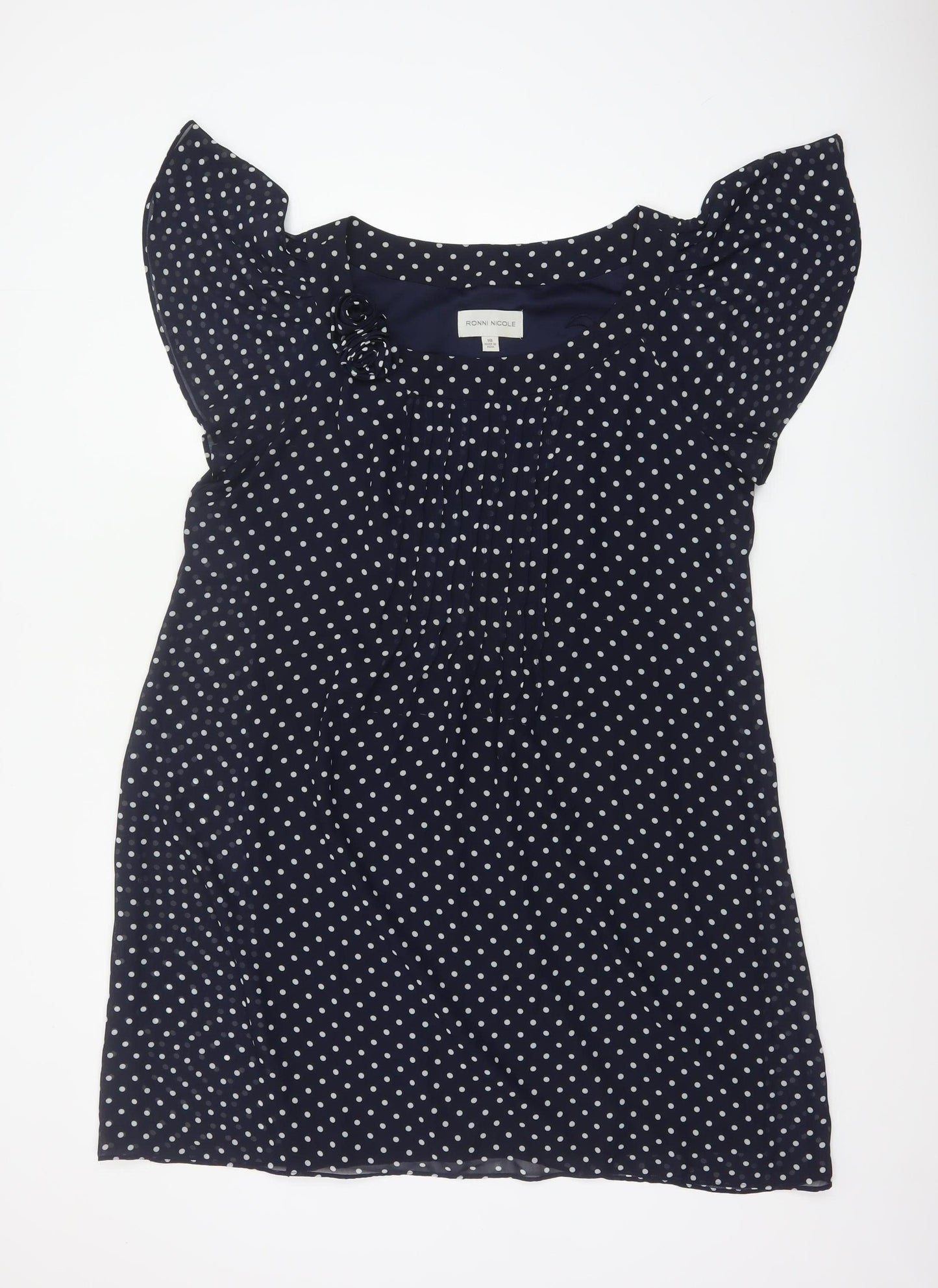 Ronni Nicole Women Blue Polka Dot Fit & Flare Dress UK 18 Ruffle