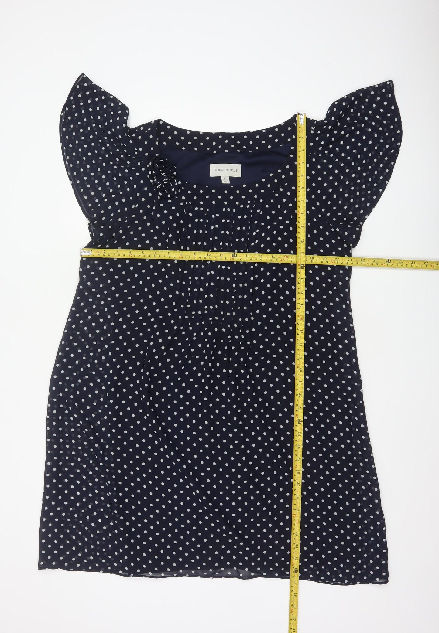 Ronni Nicole Women Blue Polka Dot Fit & Flare Dress UK 18 Ruffle