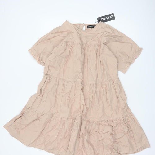 Boohoo Women Beige UK 12 Tiered Swing Knee Length Cotton Dress