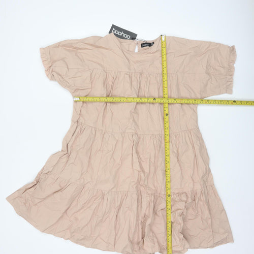 Boohoo Women Beige UK 12 Tiered Swing Knee Length Cotton Dress