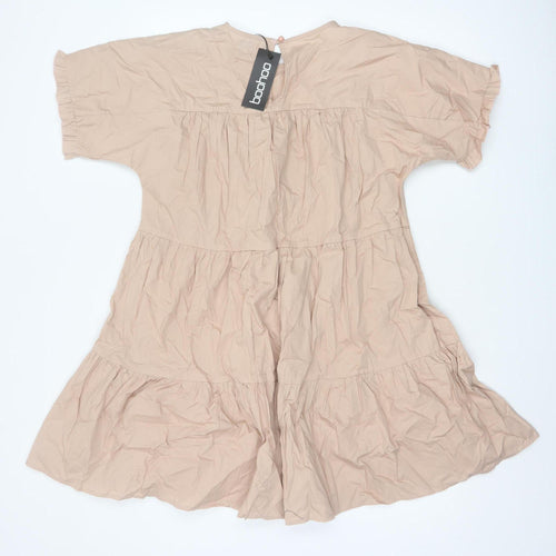 Boohoo Women Beige UK 12 Tiered Swing Knee Length Cotton Dress