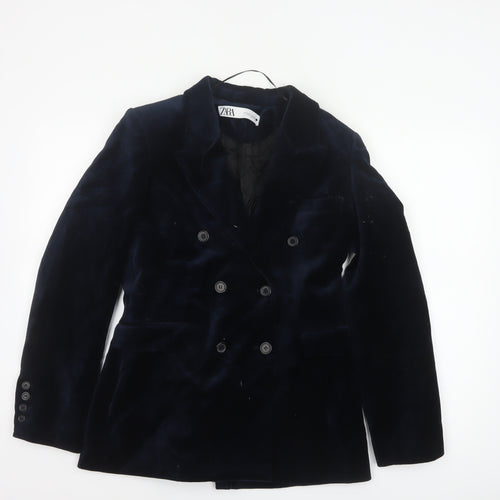 Zara Women’s Navy Blue Velvet Double-Breasted Tuxedo Blazer Size M