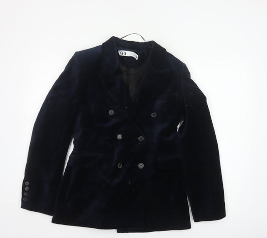 Zara Women’s Navy Blue Velvet Double-Breasted Tuxedo Blazer Size M