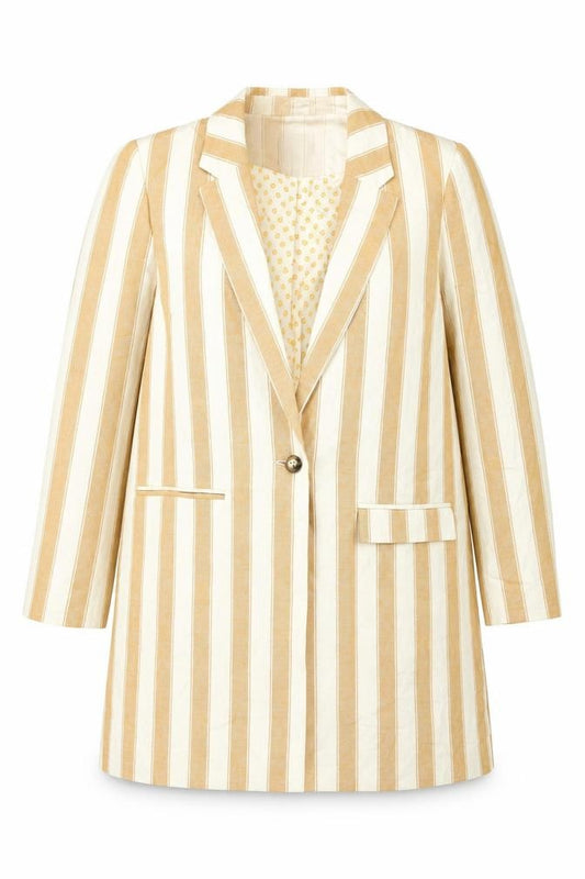 Next Women Beige Striped Linen Cotton Longline Blazer UK 18