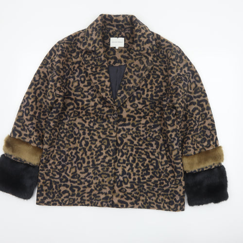 Second Female Women Brown Leopard Print Wool Blend Fur Trim Jacket M