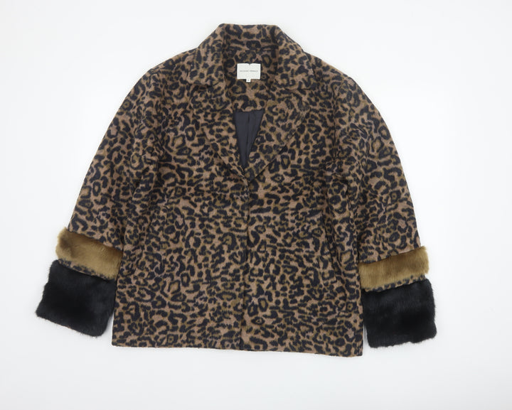 Second Female Women Brown Leopard Print Wool Blend Fur Trim Jacket M
