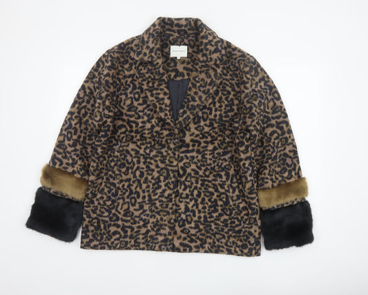 Second Female Women Brown Leopard Print Wool Blend Fur Trim Jacket M