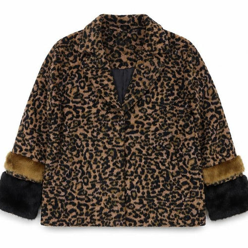 Second Female Women Brown Leopard Print Wool Blend Fur Trim Jacket M
