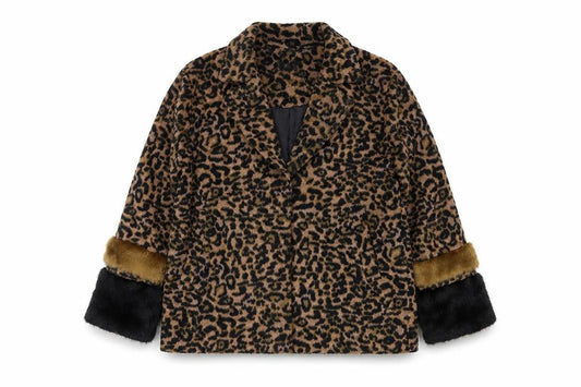Second Female Women Brown Leopard Print Wool Blend Fur Trim Jacket M