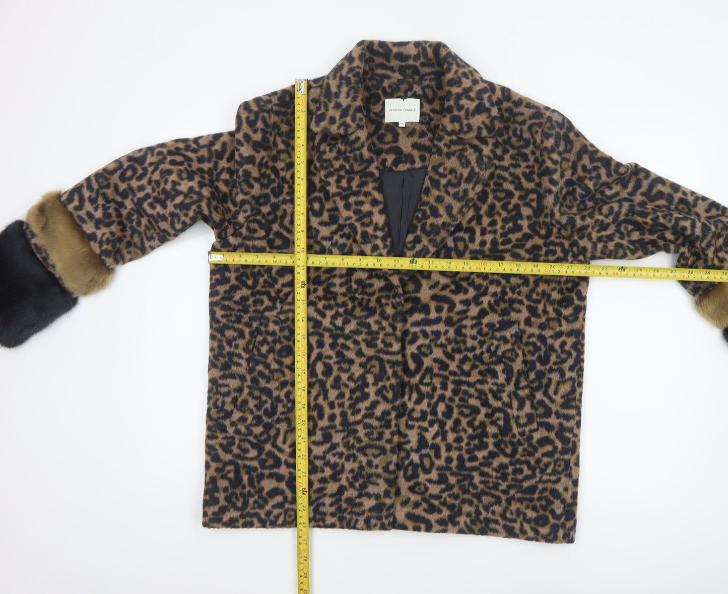 Second Female Women Brown Leopard Print Wool Blend Fur Trim Jacket M