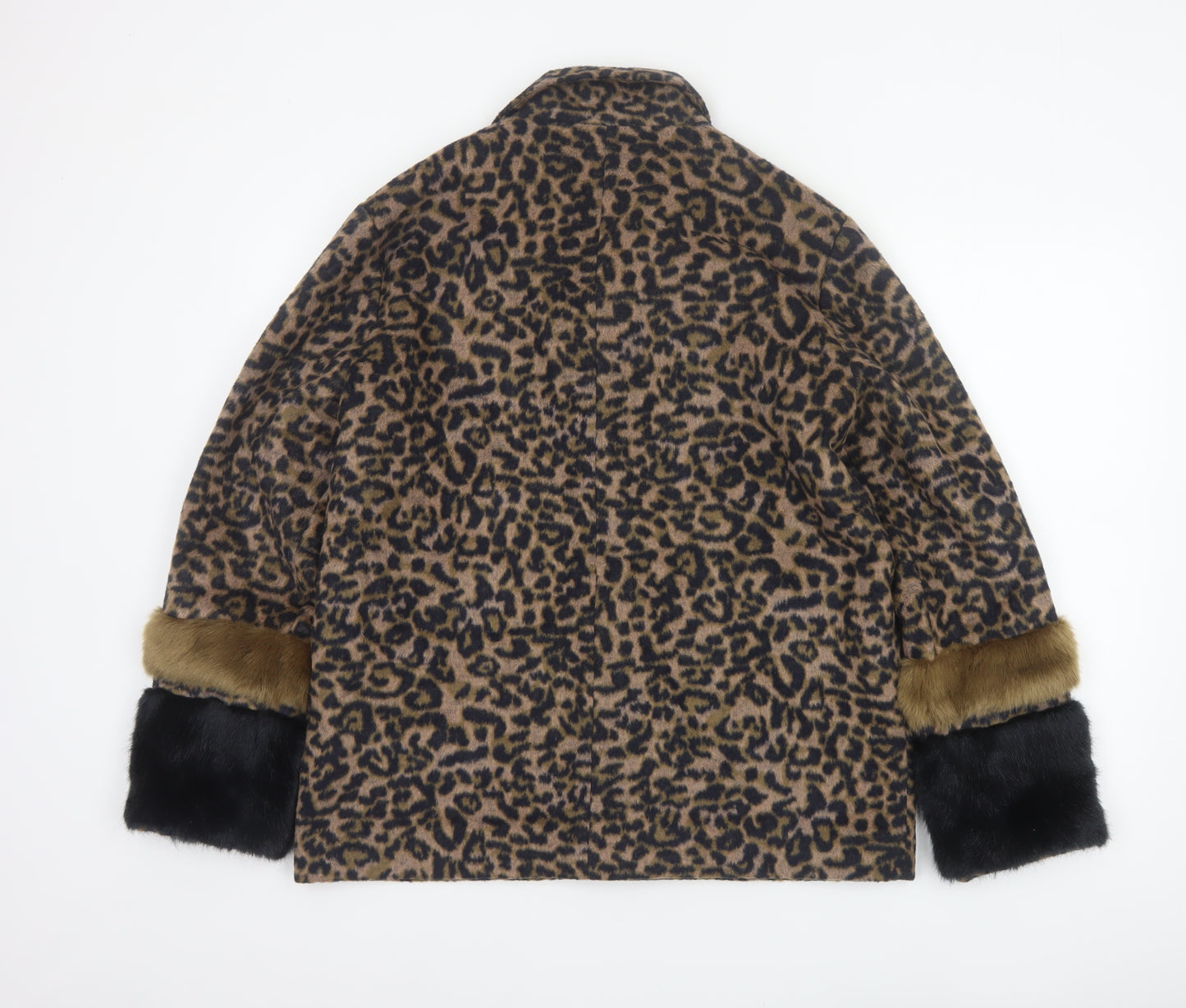 Second Female Women Brown Leopard Print Wool Blend Fur Trim Jacket M