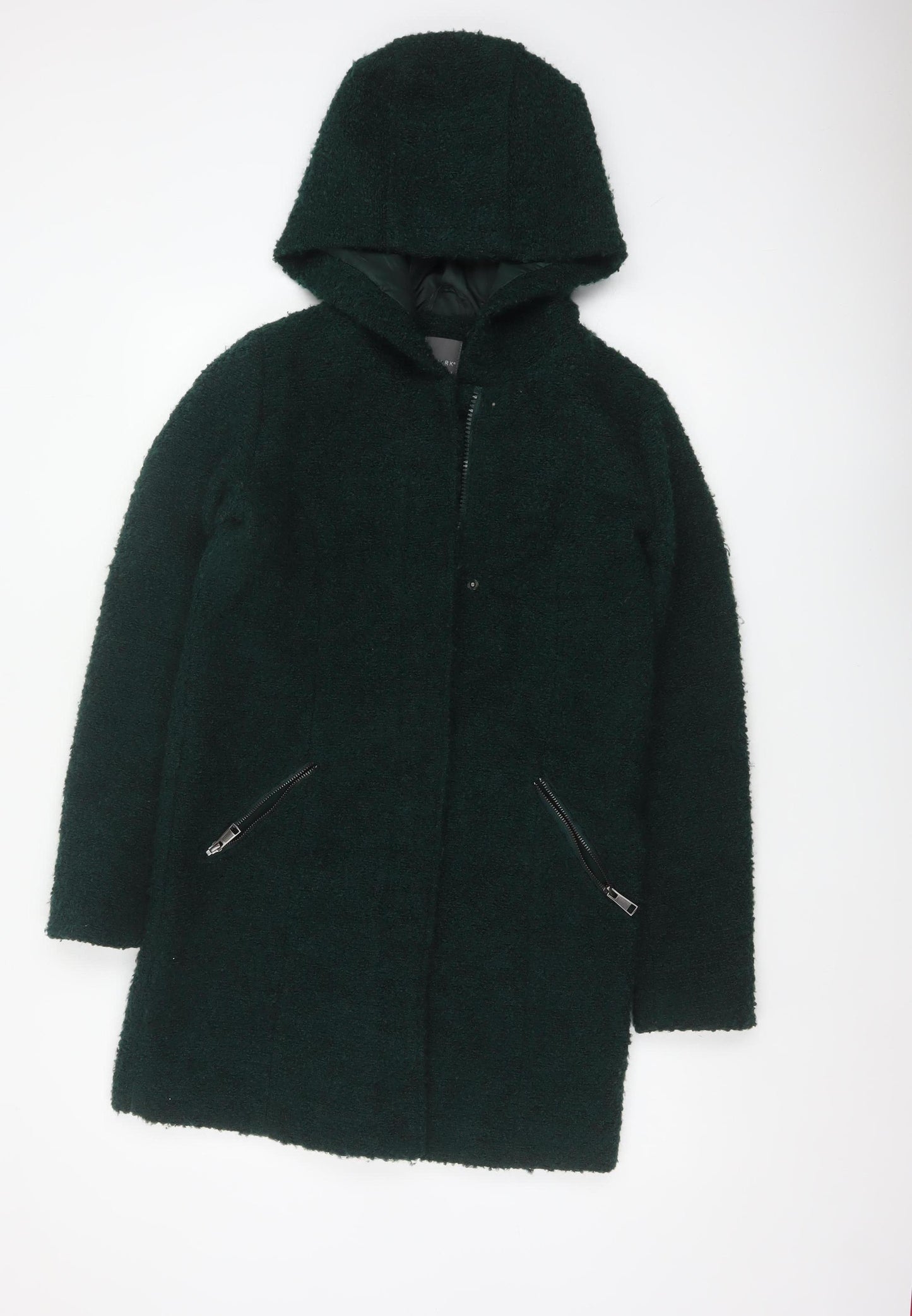 Primark Women Green Hooded Bouclé Zip Coat UK 8 Mid-Length
