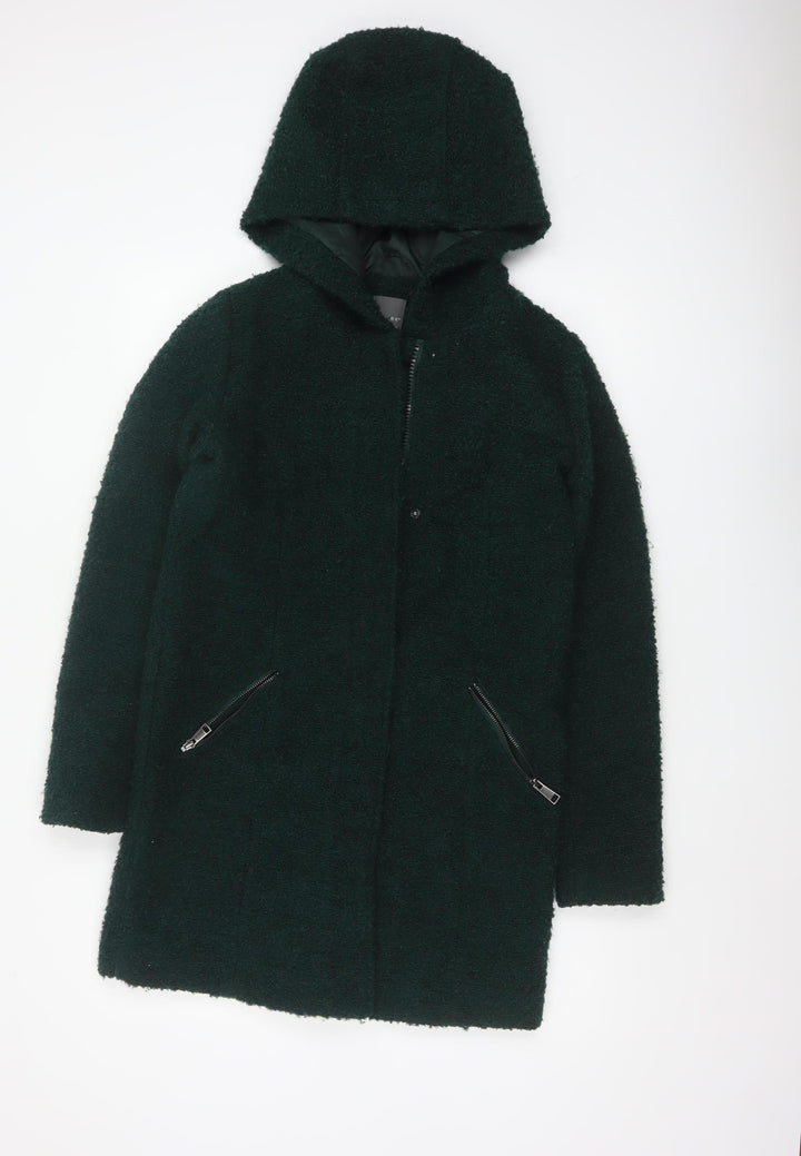 Primark Women Green Hooded Bouclé Zip Coat UK 8 Mid-Length