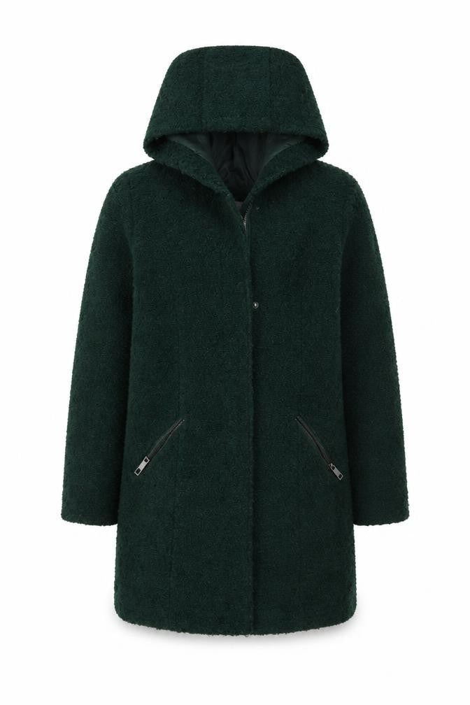 Primark Women Green Hooded Bouclé Zip Coat UK 8 Mid-Length