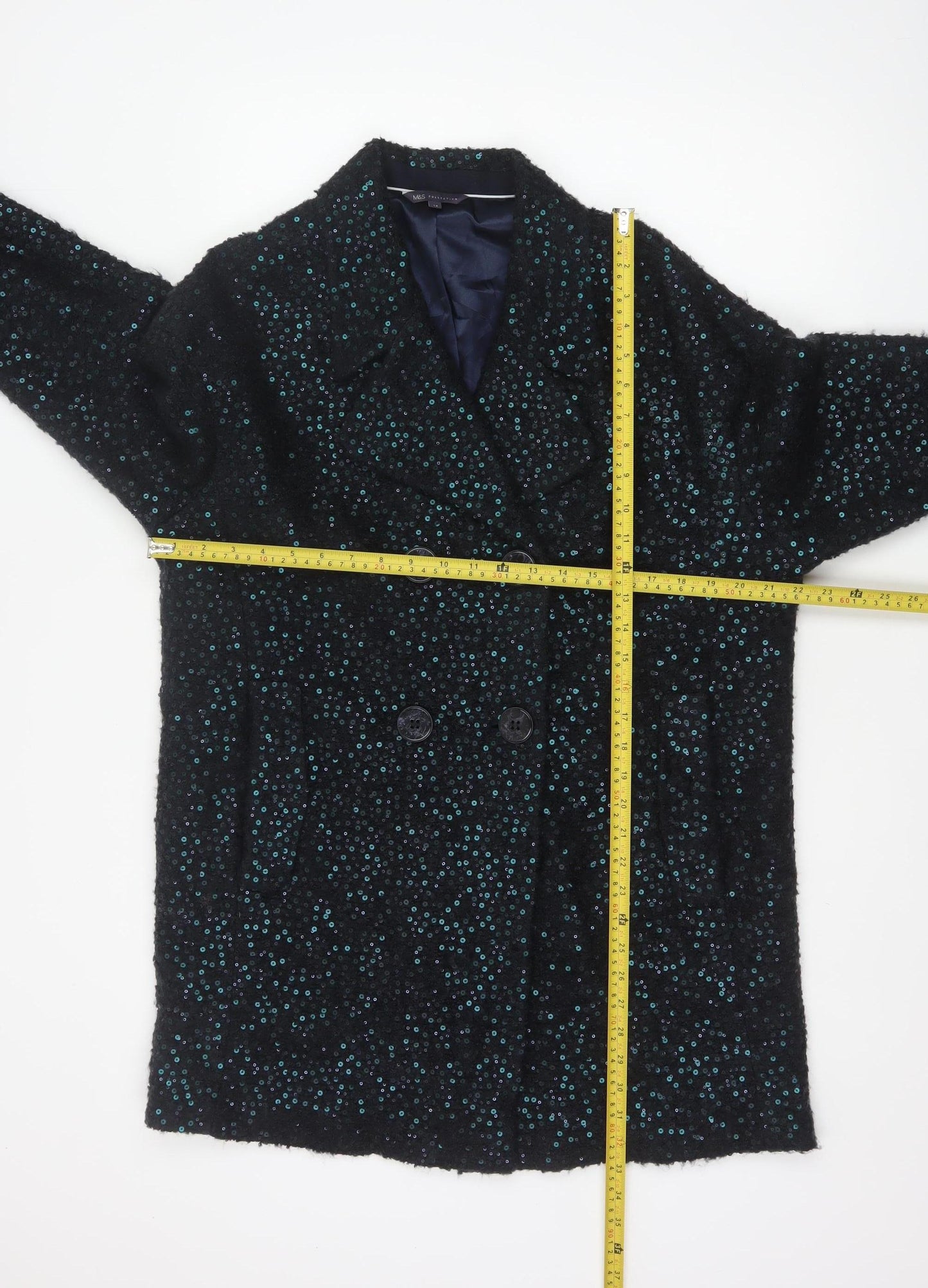 M&S Women’s Black Size 14 Sequin Double Breasted Pea Coat