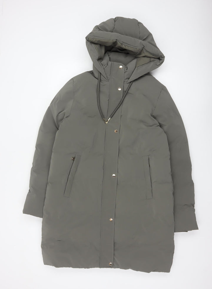 Zara Women Grey S Long Hooded Puffer Coat Padded Zip Pockets