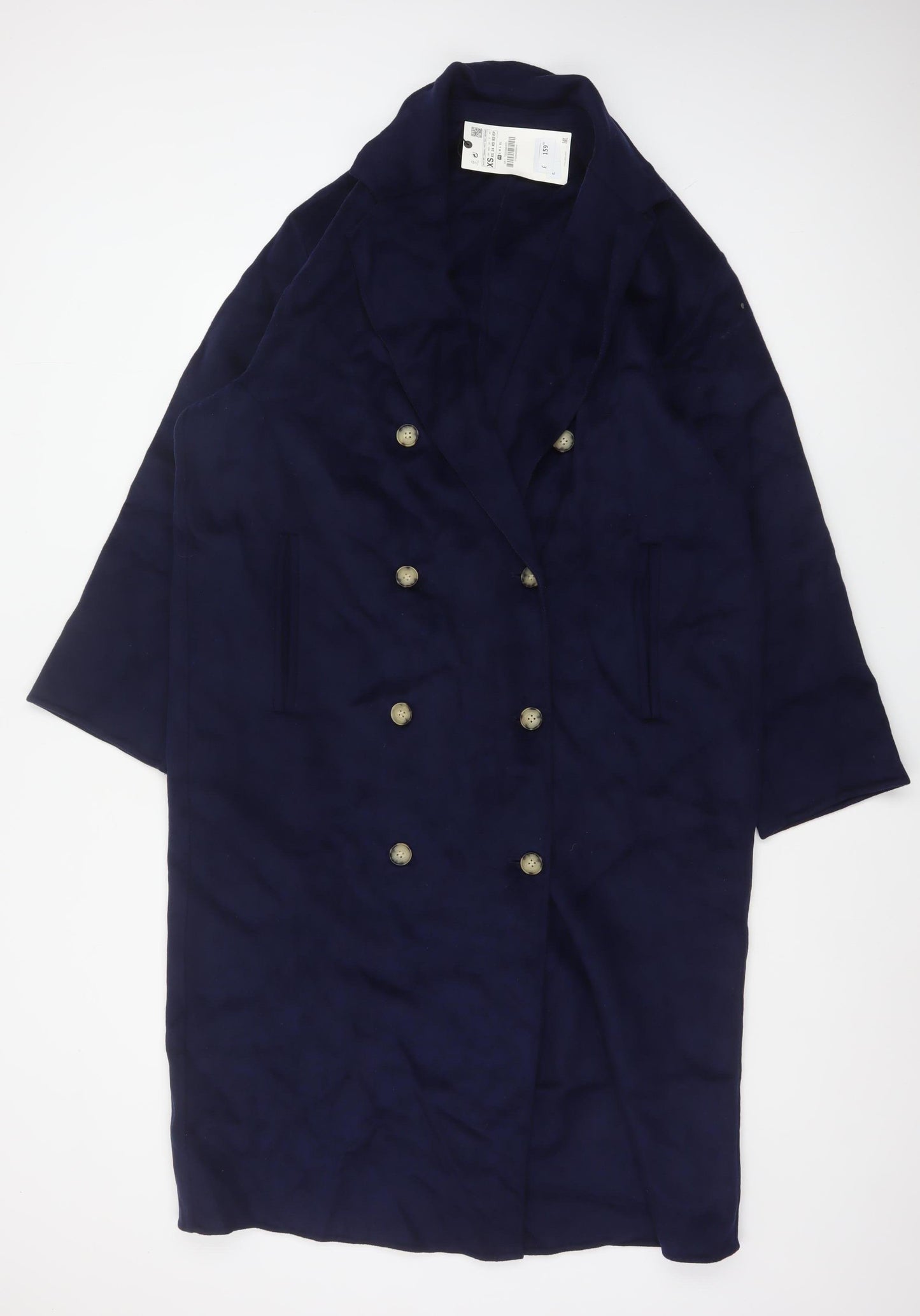 Zara Women Blue XS Long Wool Blend Double-Breasted Overcoat