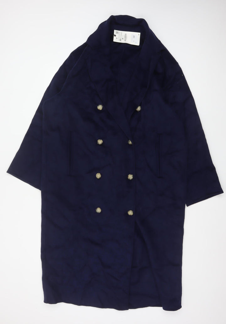 Zara Women Blue XS Long Wool Blend Double-Breasted Overcoat