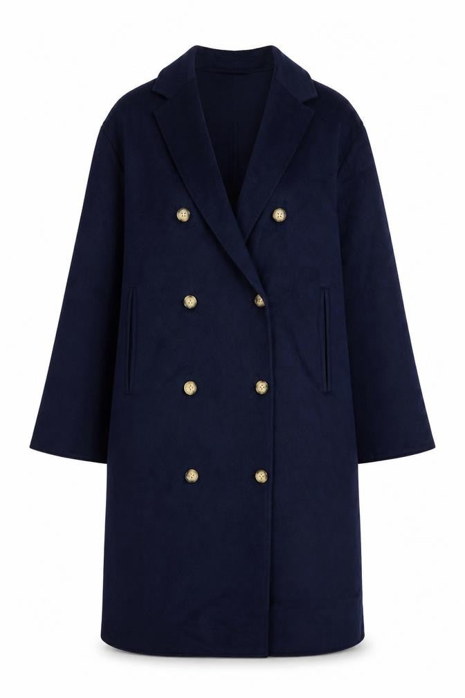 Zara Women Blue XS Long Wool Blend Double-Breasted Overcoat