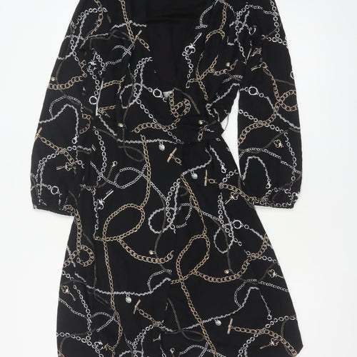 Hobbs Women Black Chain Print Wrap Midi Dress UK 12 Long Sleeve Belted