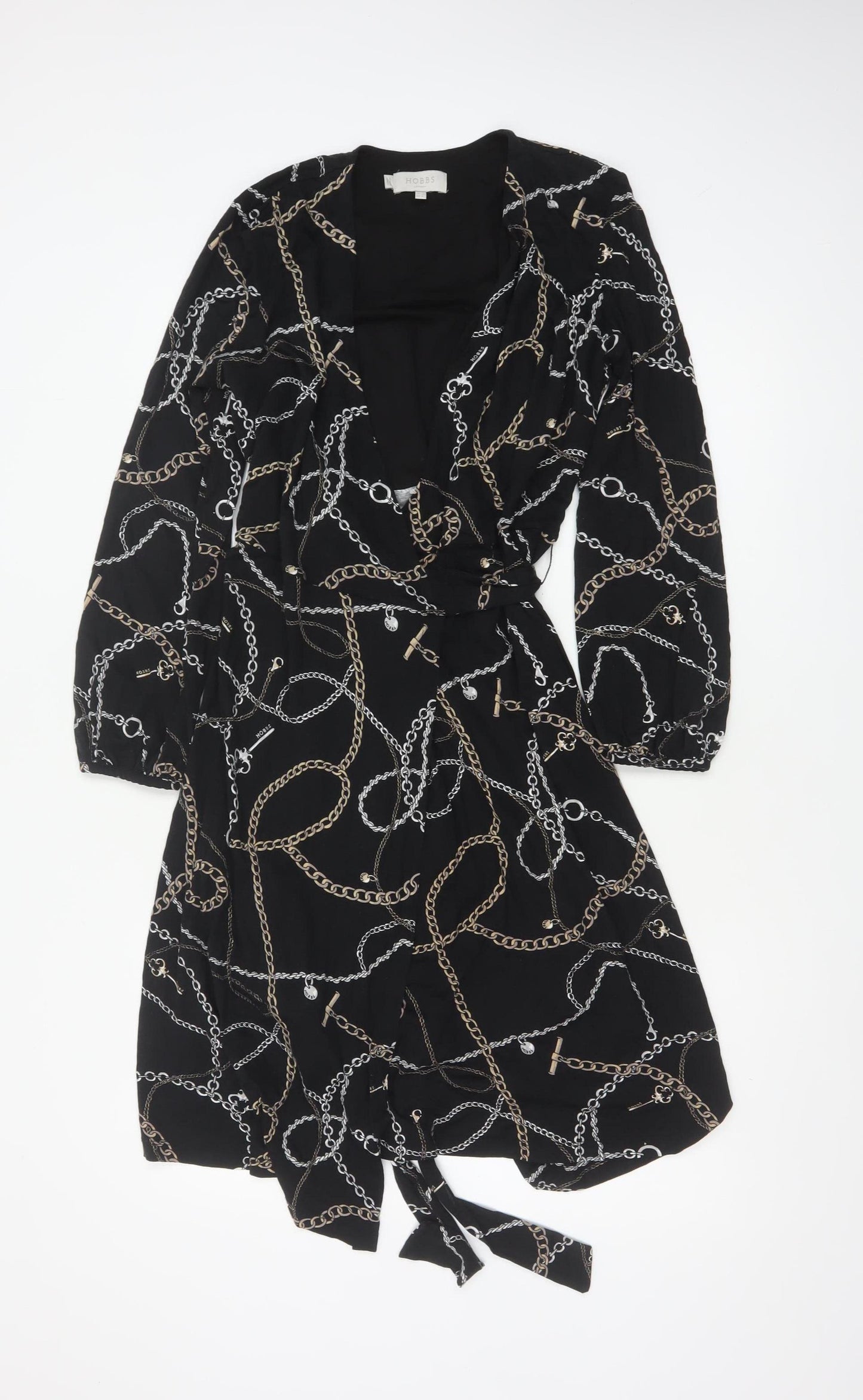 Hobbs Women Black Chain Print Wrap Midi Dress UK 12 Long Sleeve Belted