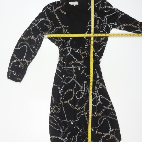 Hobbs Women Black Chain Print Wrap Midi Dress UK 12 Long Sleeve Belted