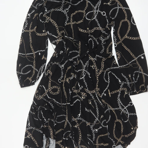 Hobbs Women Black Chain Print Wrap Midi Dress UK 12 Long Sleeve Belted
