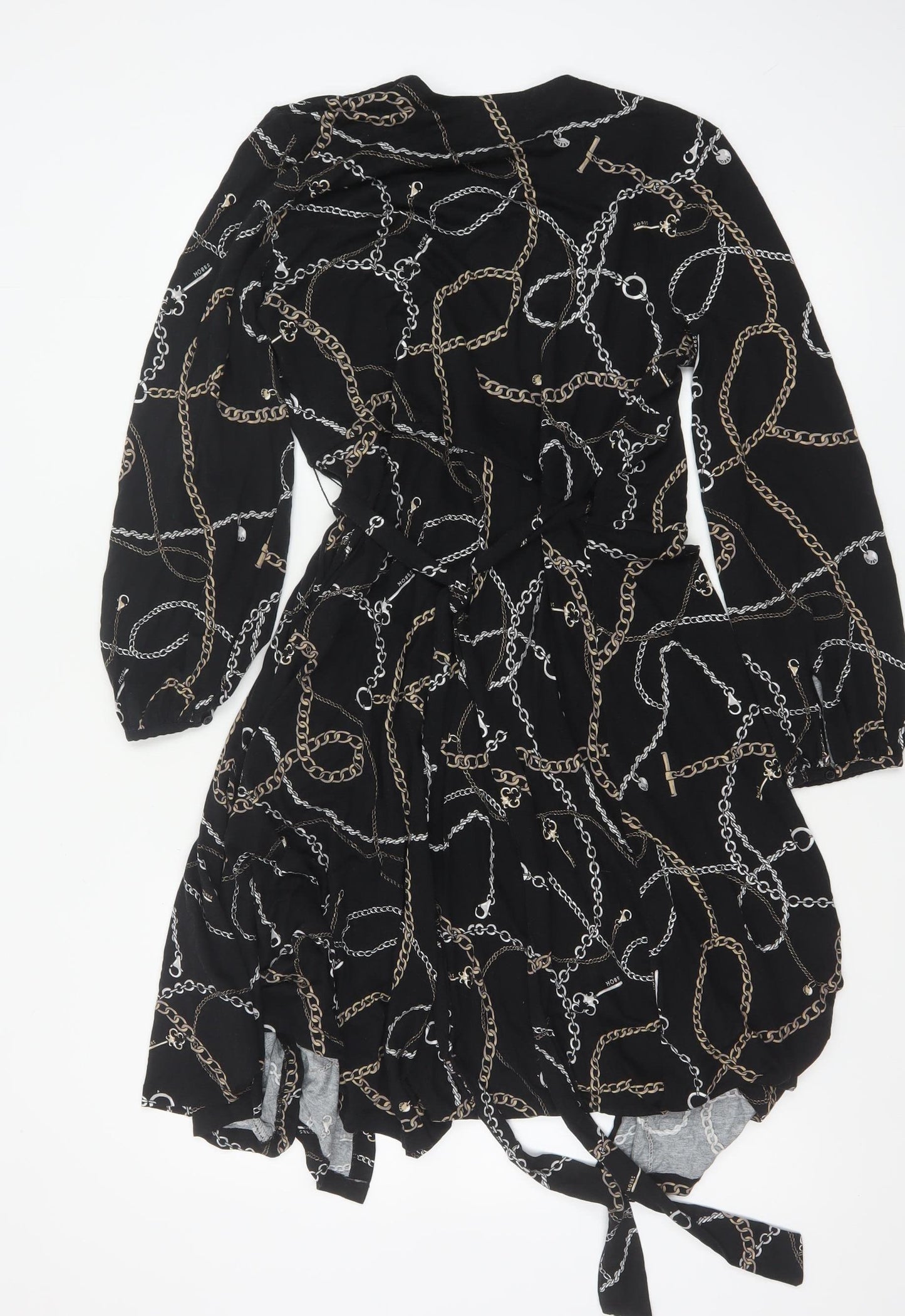 Hobbs Women Black Chain Print Wrap Midi Dress UK 12 Long Sleeve Belted