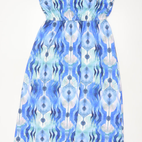 QED London Women Blue Geometric Maxi Dress UK 12-14 Sleeveless