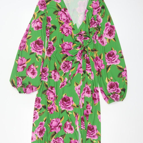 ASOS DESIGN Women Green Floral Wrap Maxi Dress UK 14 V-Neck Balloon Sleeve