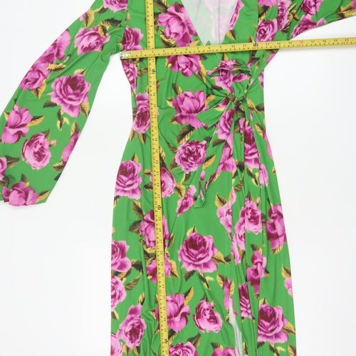 ASOS DESIGN Women Green Floral Wrap Maxi Dress UK 14 V-Neck Balloon Sleeve