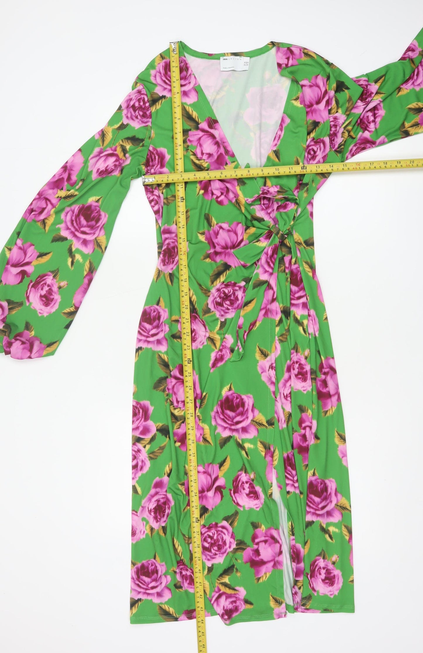 ASOS DESIGN Women Green Floral Wrap Maxi Dress UK 14 V-Neck Balloon Sleeve