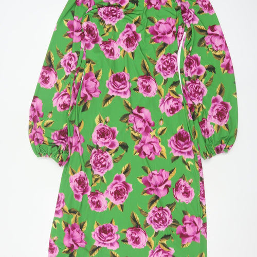 ASOS DESIGN Women Green Floral Wrap Maxi Dress UK 14 V-Neck Balloon Sleeve